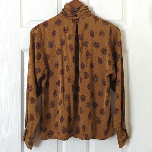 Anne Klein 80's Vintage Silky Paisley Printed Pleated Turtleneck Blouse Brown SP - Picture 10 of 13